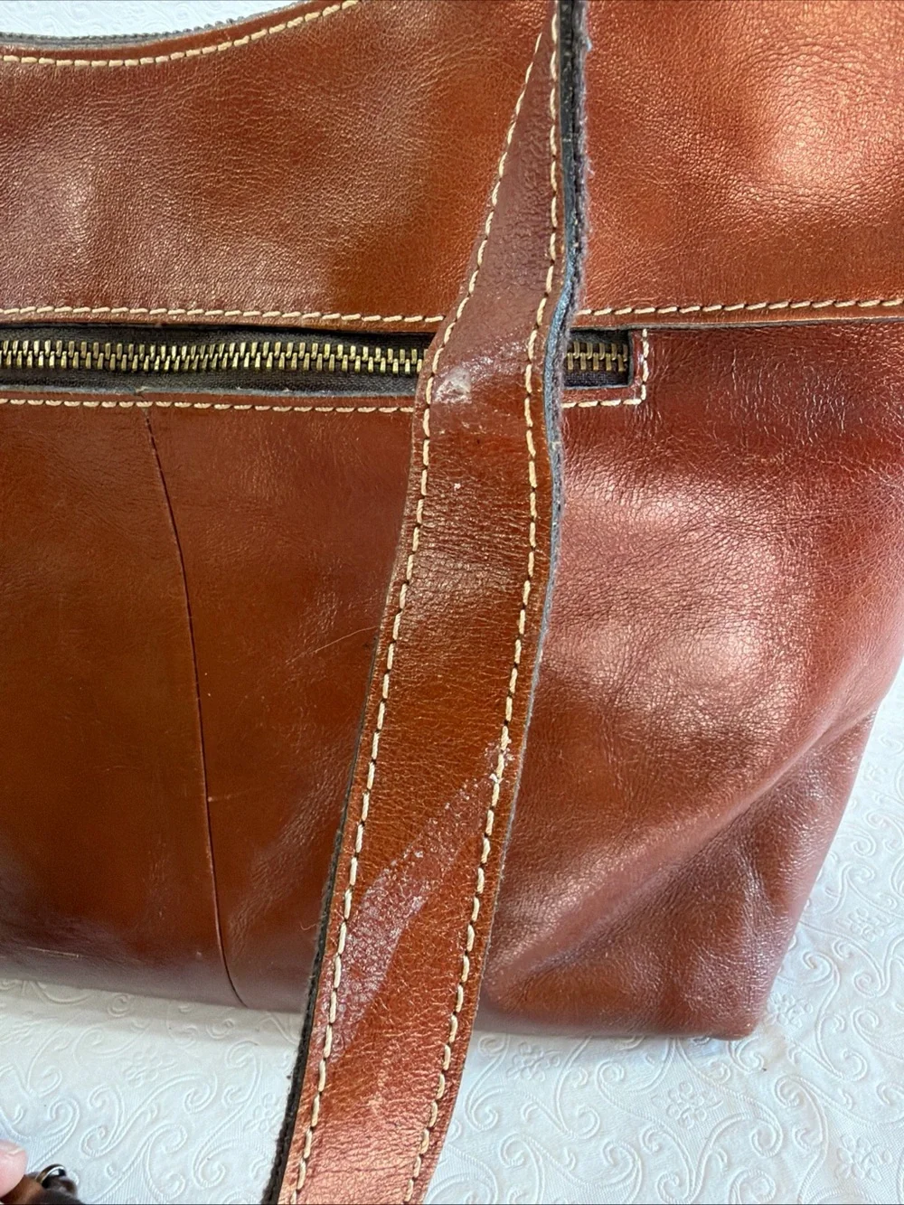 Patricia Nash Bag Brown Italian Leather Purse Zip Top Tote Hobo Crossbody Large